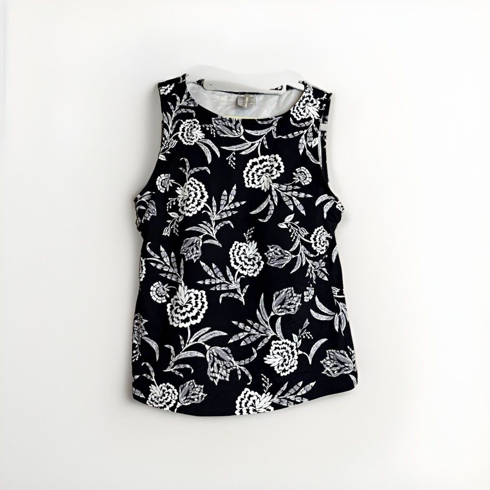 Lands' End Womens 10P Petite Black White Floral Swim Suit Tank Top Bra
